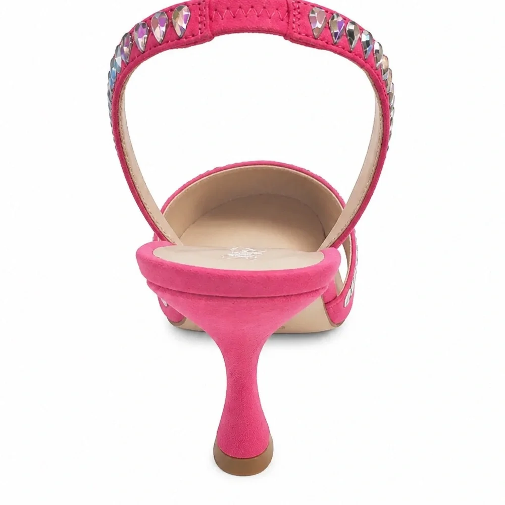 Stuart Weitzman Women’s Suede Pink Pointed Slingback Heels with Cristal Studs